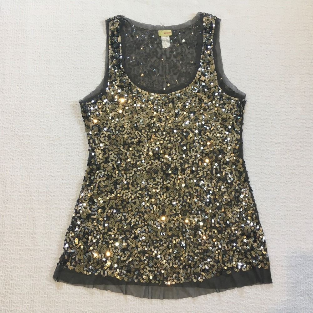 Wildcat Womens 1X Sequin Embellished Sheer Overlay Tank Top Silver Gold Sparkle